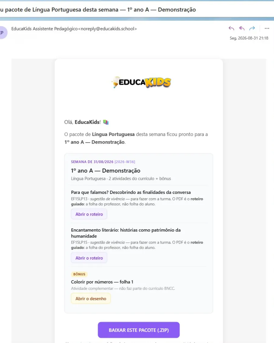 E-mail semanal do EducaKids com o pacote de atividades da turma
